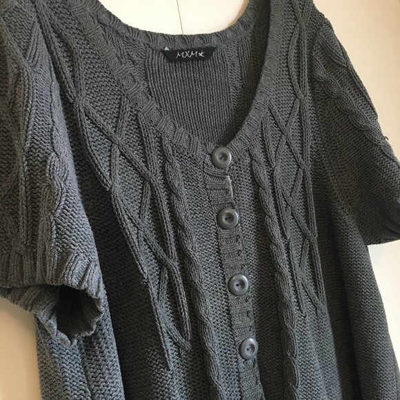 Chunky Cable Knit Short Sleeve Cotton Button Up Cardigan Sweater - Picture 5 of 15